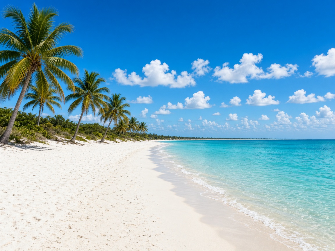A palm-lined beach, shown only as an example of a destination. Not a confirmed getaway.
